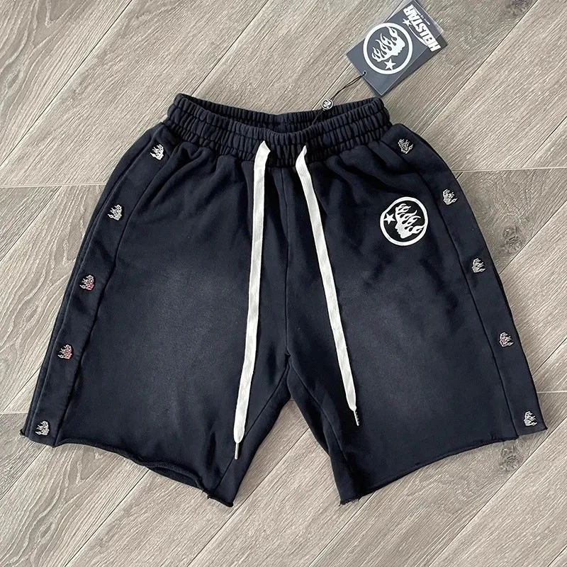Hellstar Unisex Vintage Washed Pure Cotton Knee‑Length Shorts, Metal Button Decor European American Street Casual Sports Shorts
