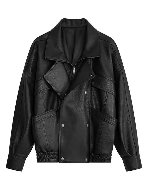 Clássico haifeng bolha couro jaet piloto colarinho motocicleta jaet feminino na moda outerwear eepskin longo sve casaco