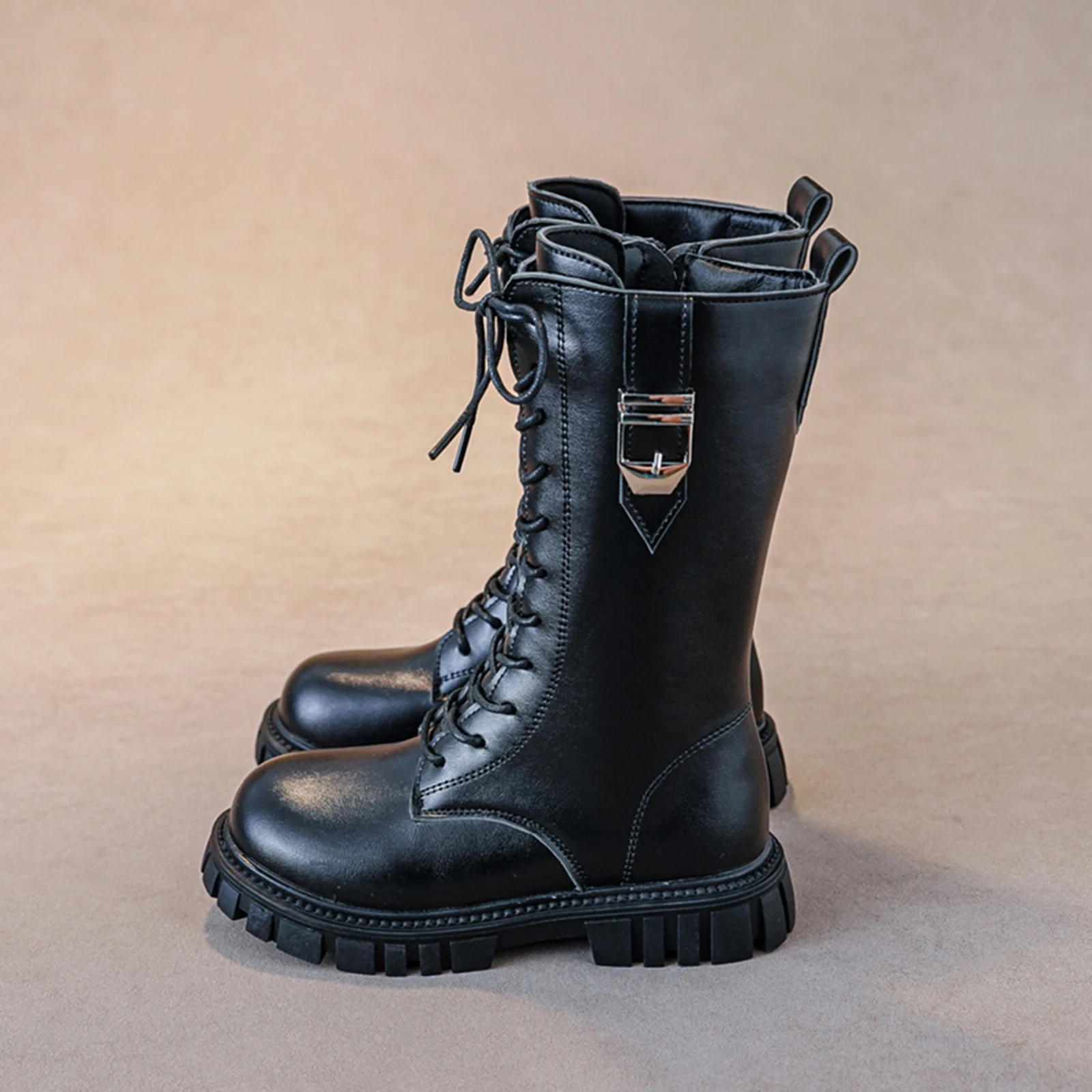 

Children Spring New Single Boots Daily Casual Fashion Lace-Up Side Zipper Knee-High Boots Buckle Decoration Single Riding Boots