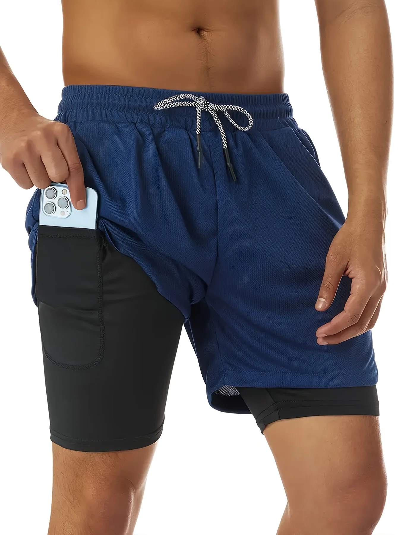 Men's running shorts, 2-in-1 double-layer sports shorts, sportswear, gym fitness shorts, training jogging pants