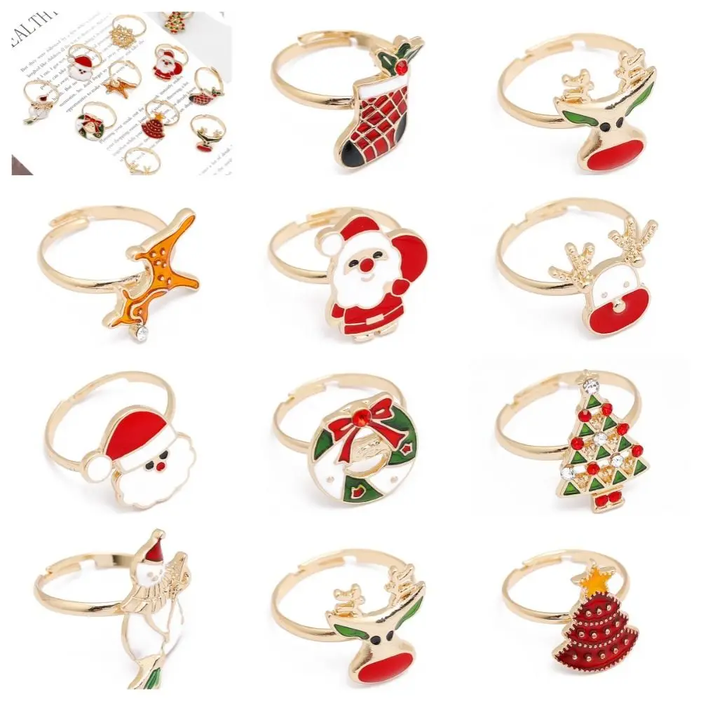 Dripping Oil Christmas Open Ring Personality Elk Christmas Tree Xmas Jewelry Cartoon Santa Cartoon Lovely Ring Friend