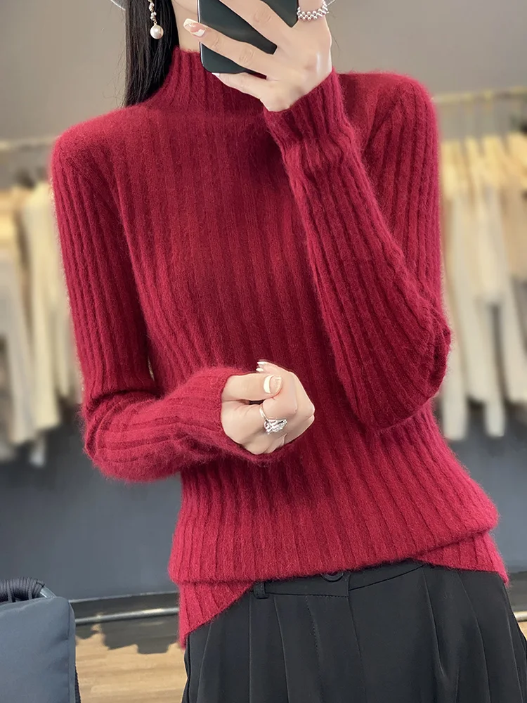 New Knit Womem's Cashmere Sweater Mock Neck Soft Warm Pullover 100% Mink Cashmere Knitwear Winter Female Casual Basic Clothing