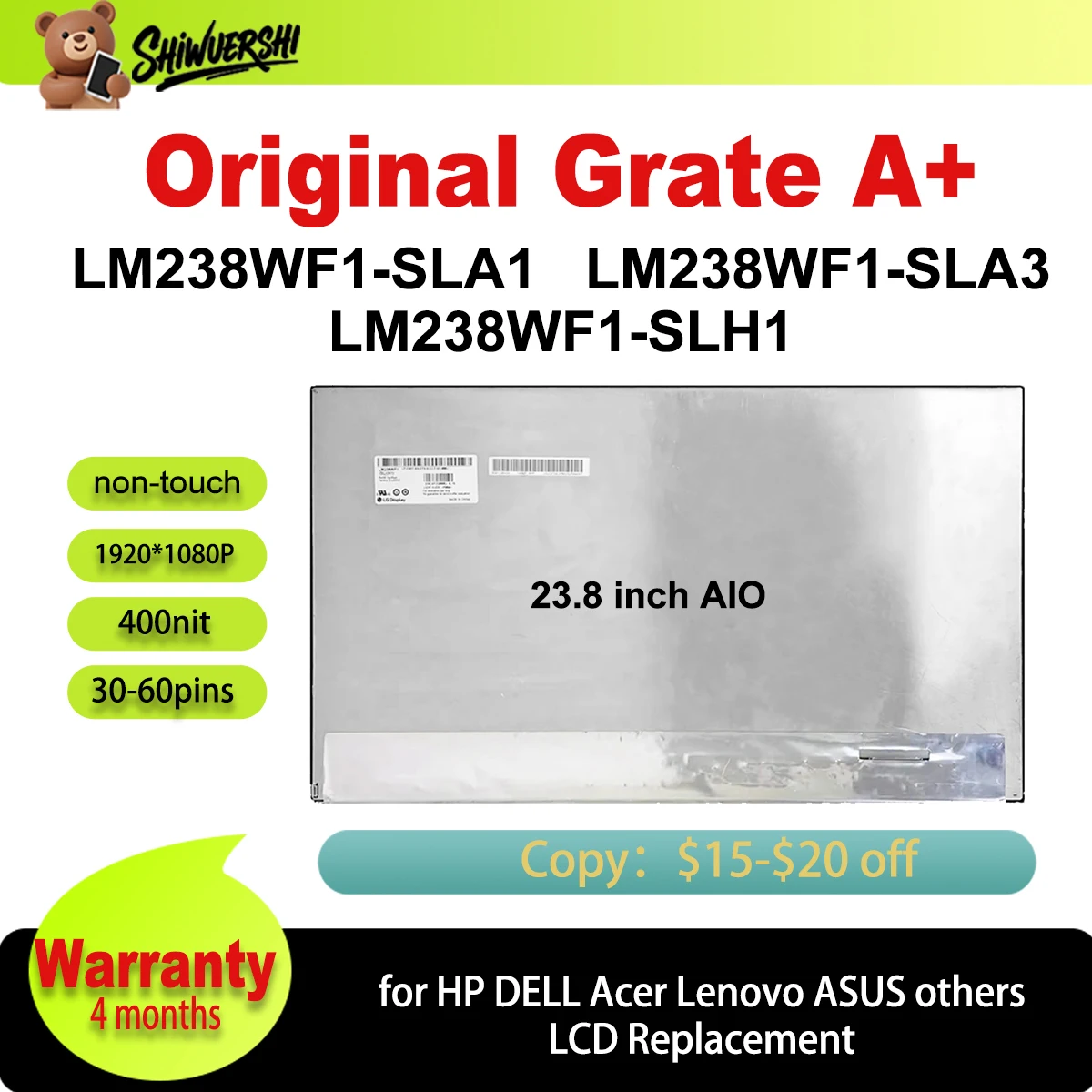 

Название товара wholesale Оригинальный Новый LM238WF1 SLA1 SLA3 SLH1 23,8-дюймовый IPS 30-контактный FHD для HP Acer ASUS Dell Lenovo AIO ЖК-экран Код товара