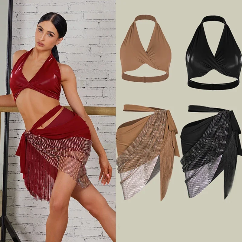 

Women Latin Dance Costumes Cha cha Latin Dance Competition Clothes Adults Sexy Backless Latin Top Irregular Fringes Skirt