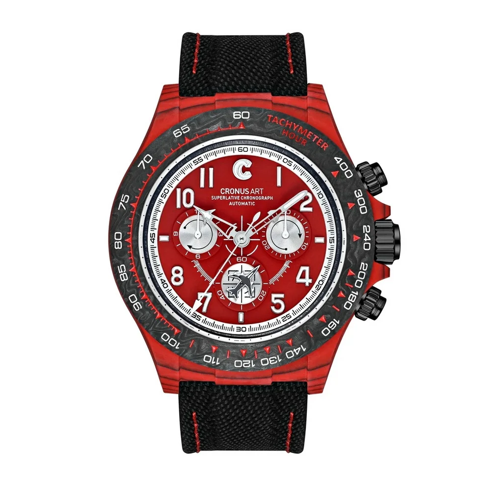 CRONUSART Men Chronograph Watch 40mm NTPT Carbon Fibre Automatic Mechanical Wristwatch Lume Sapphire Glass Triple Windows