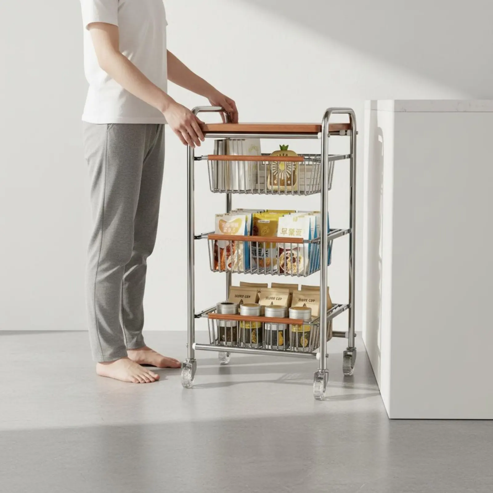 

Multi-Tier Rolling Cart Space Saving Metal Wire Basket Cart Kitchen Organizer Vintage Aesthetic for Balcony, Living Room