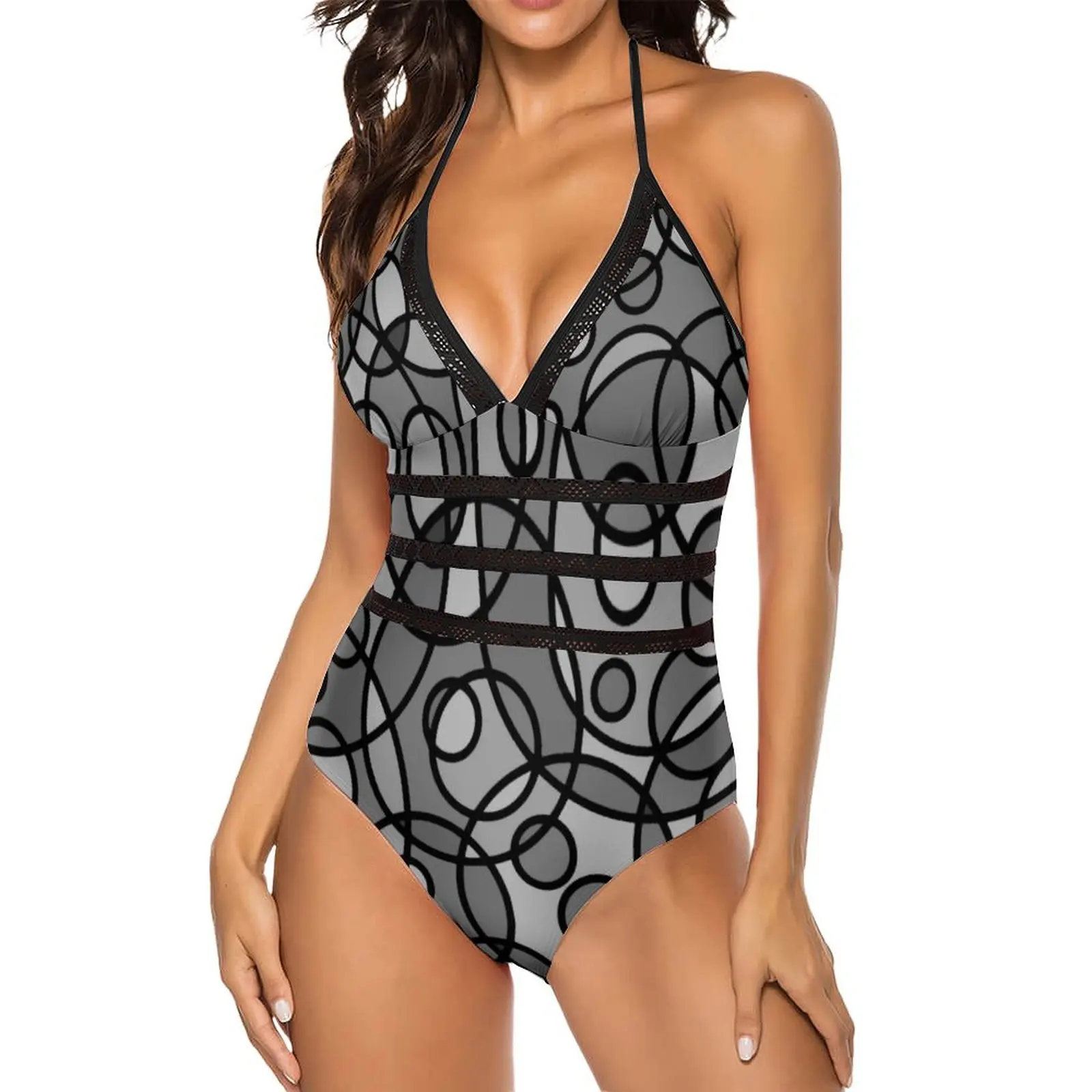 

Black Grey Geometric Swimsuit Sexy Retro Circle Print Women Swimwear One-Piece Swimsuits Beach Push Up Sleeveless Monokini