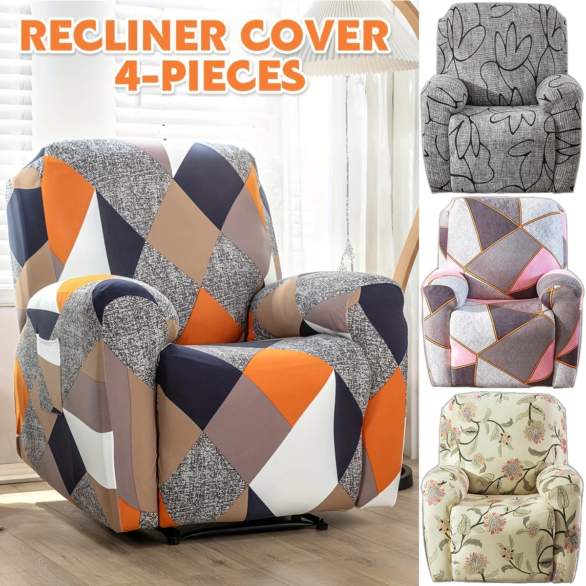 4pc/set Milk Silk Stretch Recliner Sofa Covers Printed Elastic Armchair Chair Slipcovers for Living Room Furniture Protector