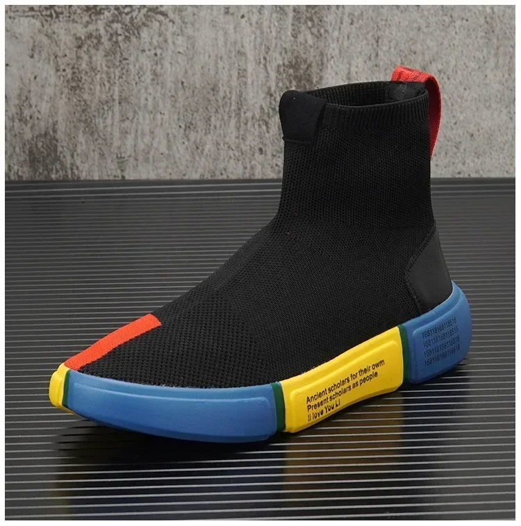 New Shoes for Men Spring Summer Breathable Knit Casual Sock Shoes Mixed Colors Flat Skateboard Shoes Youth Slip-on Loafers