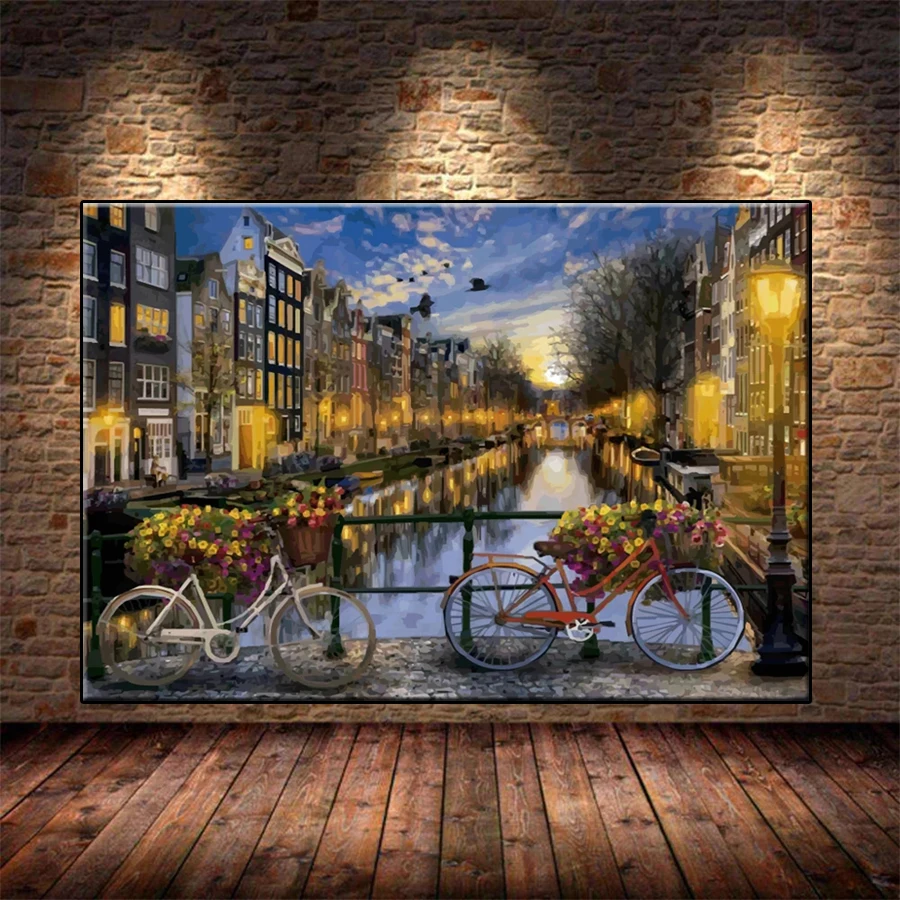 Volle quadratische runde Diamantmalerei städtische architektonische Nachtlandschaft Mosaik Handarbeit Bild Diamant Stickerei Home Decor