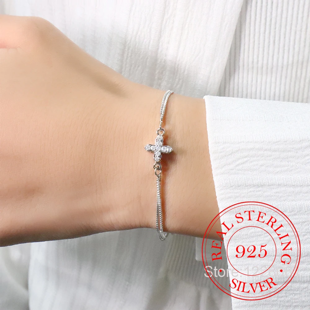 925 Sterling Silver Jewelry Two-layer Box Chain Crystal Cross Charm Bracelet for Women Wedding Party Jewelry Girls Friend Gift