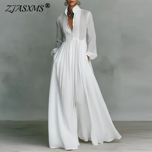 Imagen 1 del producto Vestido largo francés elegante de cintura alta para mujer, vestido largo plisado con bolsillos lisos de primavera, vestido de noche con botones de manga larga para otoño