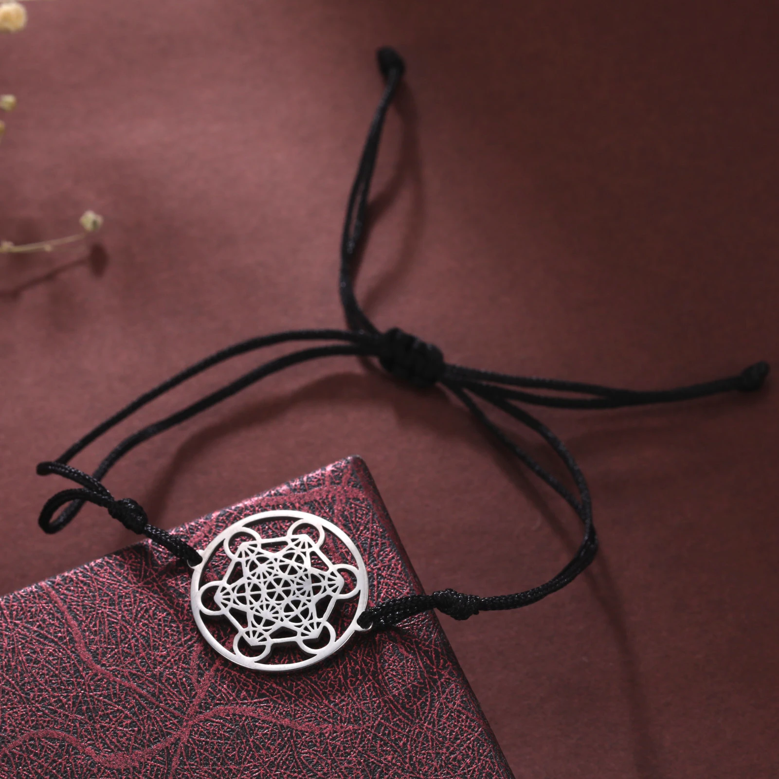 Aesthetic Wax Rope Bracelet Stainless Steel Hollow Metatron Cube Pendant Charm Amulet Light Luxury Jewelry Gift for Women Men