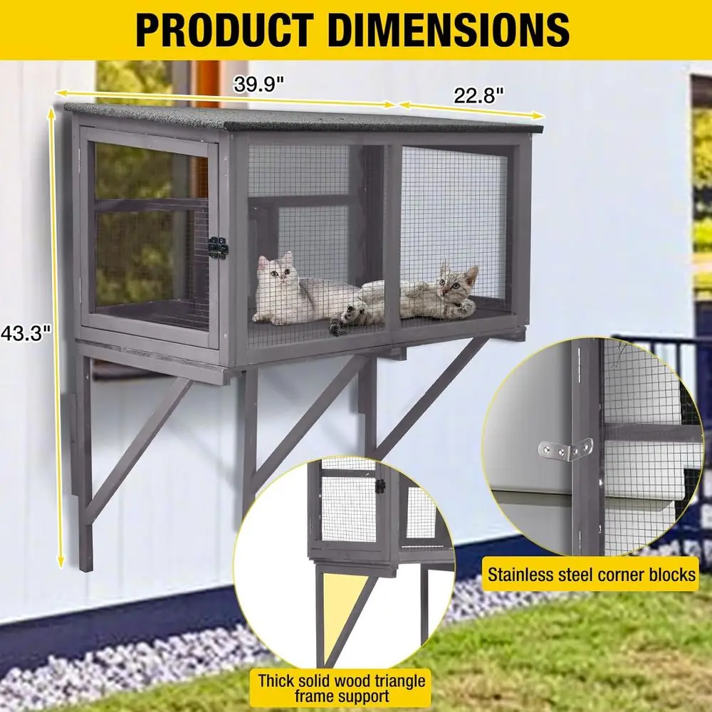 Outdoor Cat Enclosure with Weatherproof Roof and Lockable Door for 1-2 Cats, Secure Window Perch House view 2