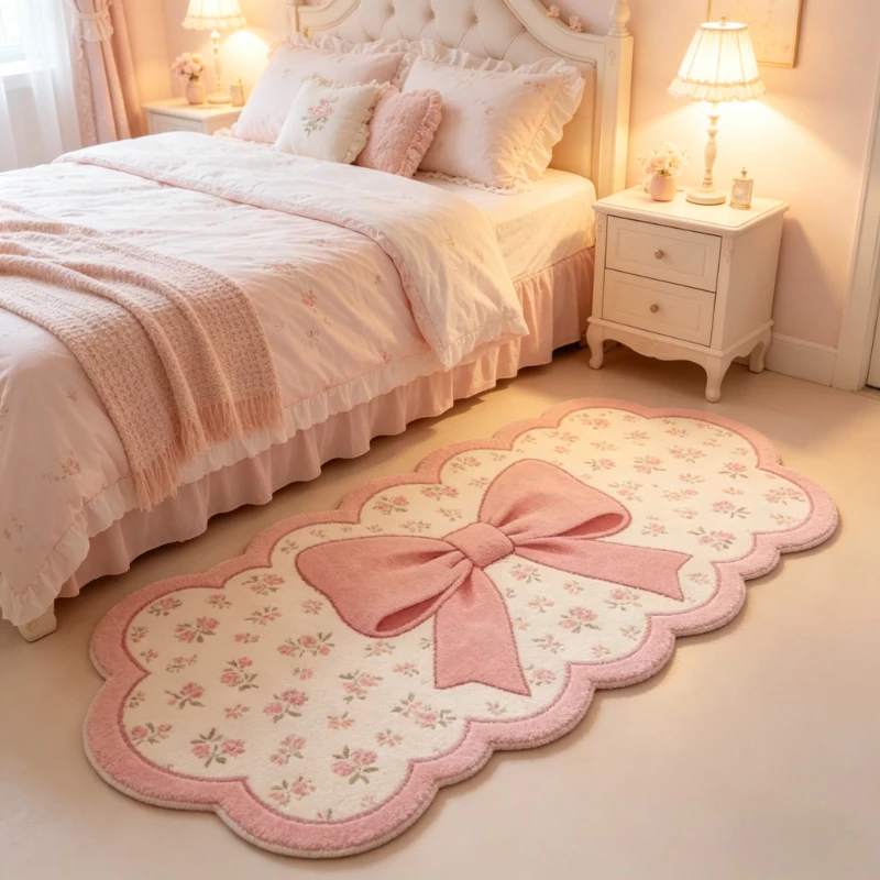 Girly Style Carpets for Living Room Pink Bow Bedroom Decor Carpet Irregular Shape Bedside Plush Rug Fluffy Soft Home Floor Mat
