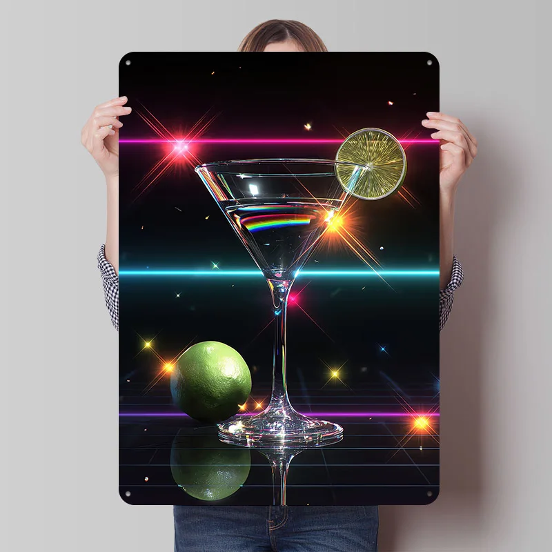 Retro Martini With Lime and Neon Printing Poster Customized Retro Wall Art Vintage Metal Signs for Room Mancave Decoration House
