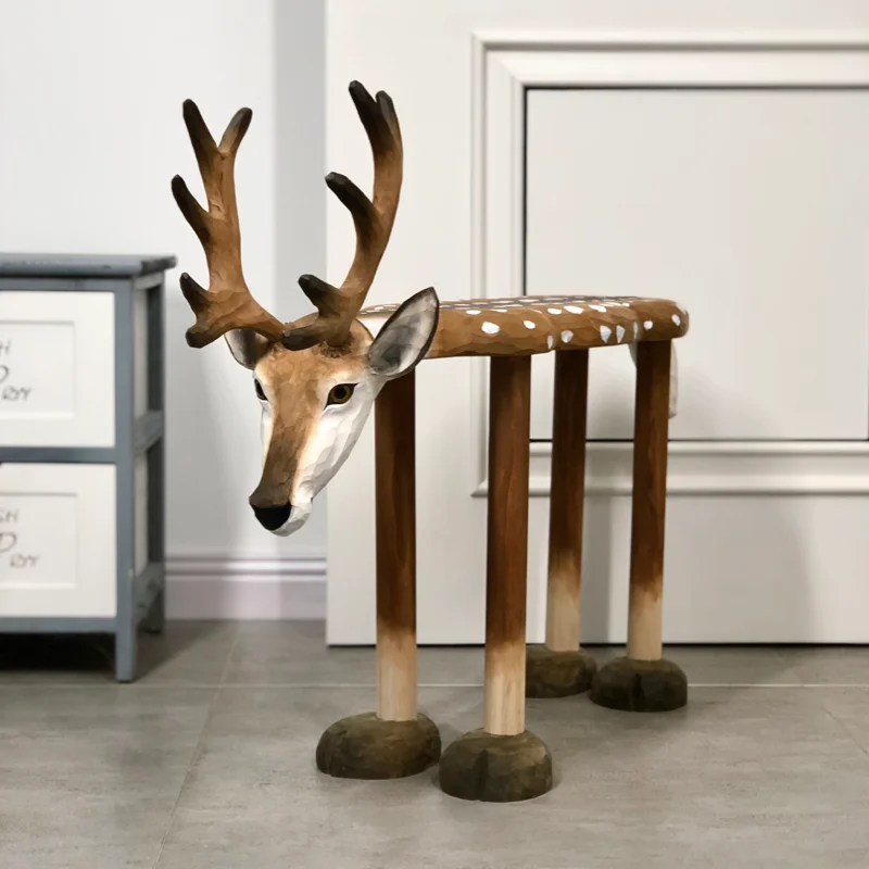 Solid Wood Hand Carved Large Sika Deer Nordic Home Doorway Shoe Changing Stool Foyer Makeup Stool Footstool