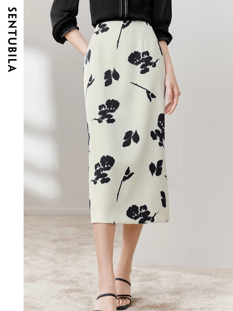 SENTUBILA Elegant Floral Pencil Skirts for Woman 2024 Autumn Office Ladies Midi Slit Print Skirt Women Simple Clothing M33Q50195