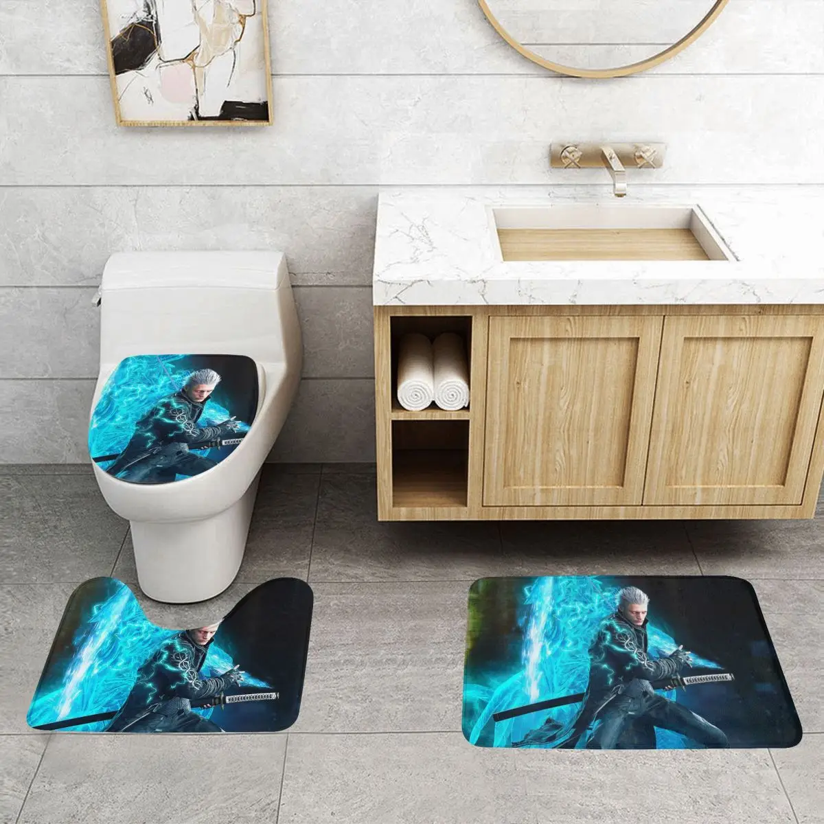 

Vergil From The Devil May Cry Series 3-х шт. Коврик для ванной Набор для ванной комнаты Крышка унитаза Домашний декор Нескользящий ковер Напольный коврик