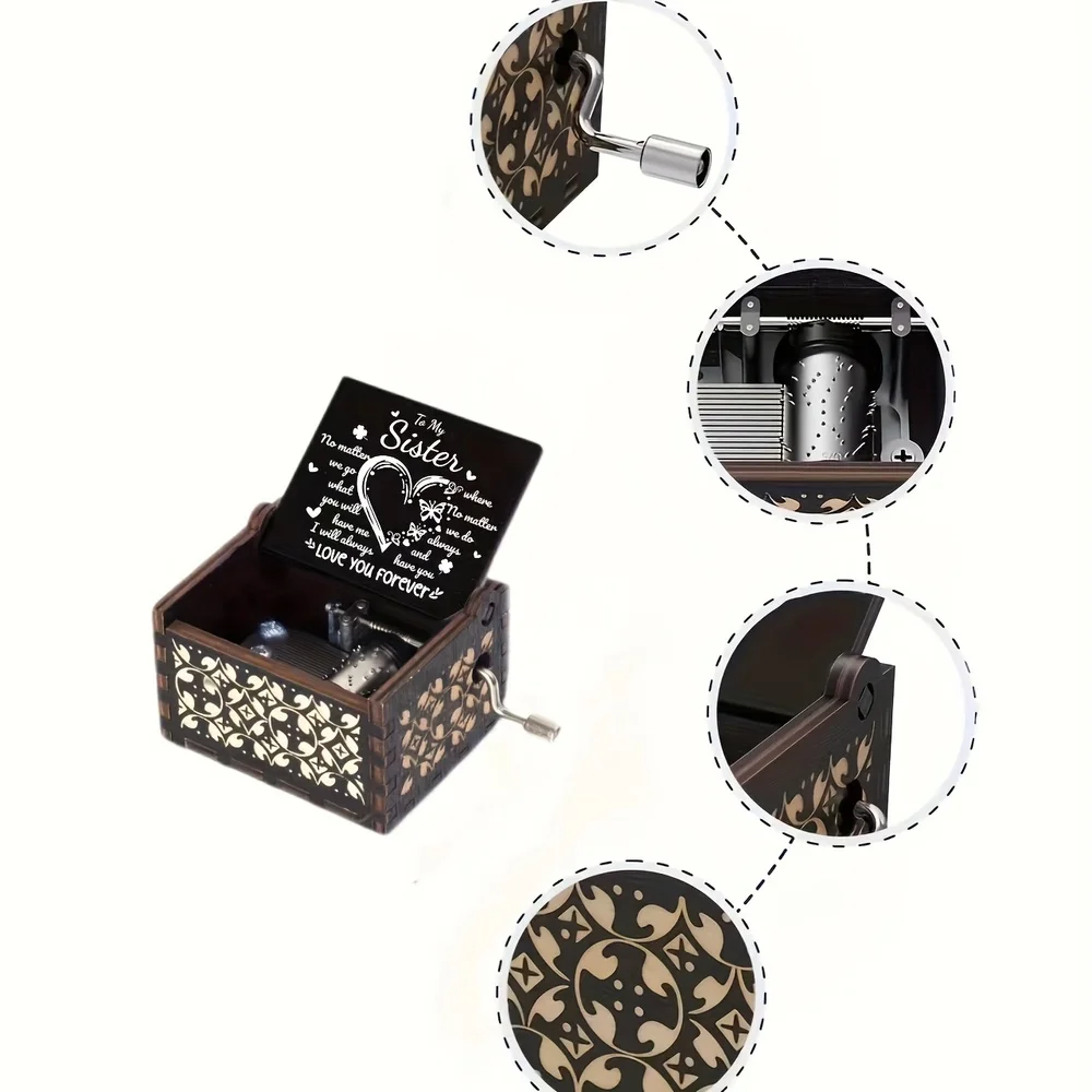 1 قطعة صندوق تشغيل الموسيقى الخشبي العتيق المنحوت بالليزر، عيد الأم/عيد الميلاد/الذكرى السنوية/هدية الزفاف، مكتب مكتب غرفة العائلة