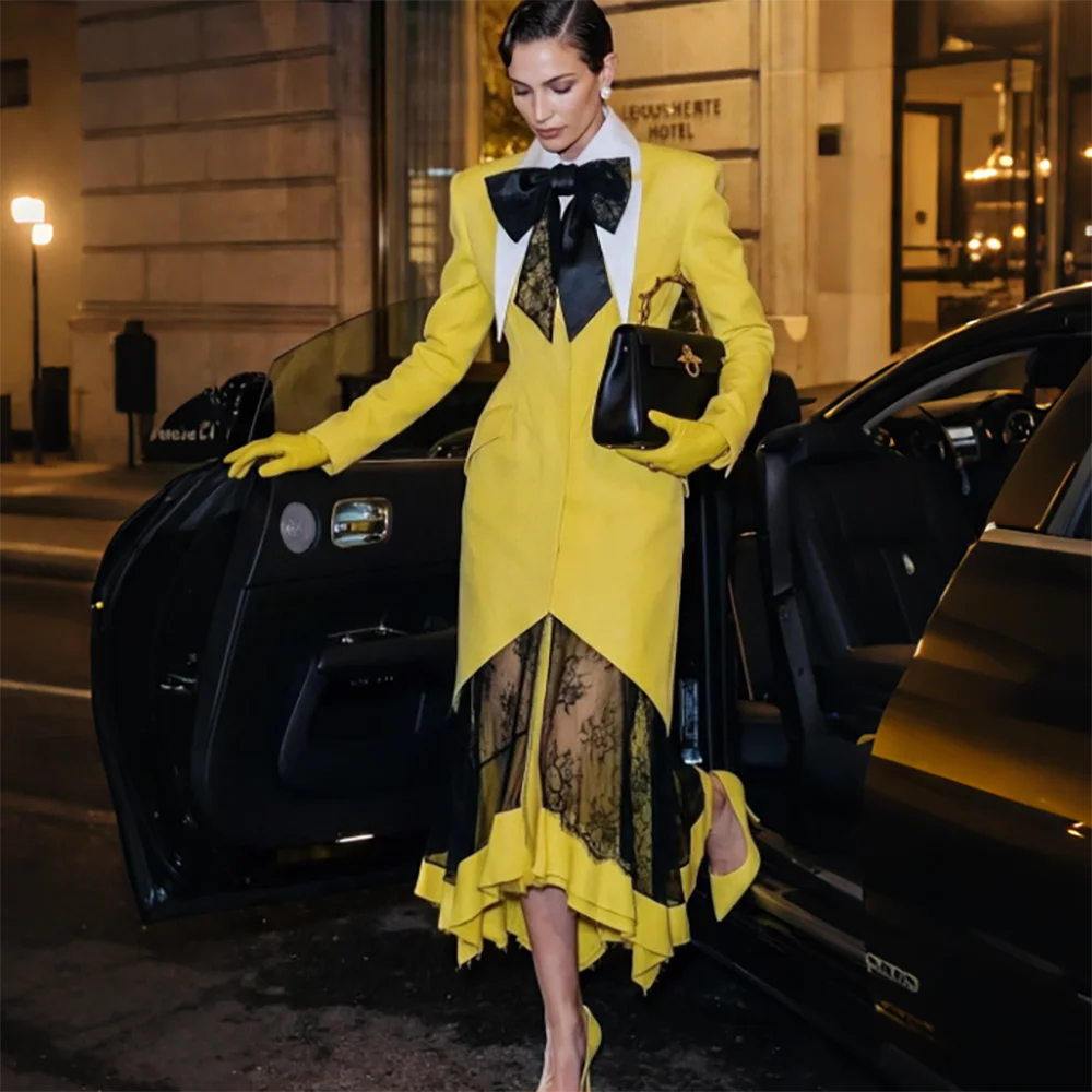 Elegant Women Bright Yellow Long Blazer Dress Black Bow Sheer Lace Patchwork Structured Formal Party Office Statement Gown