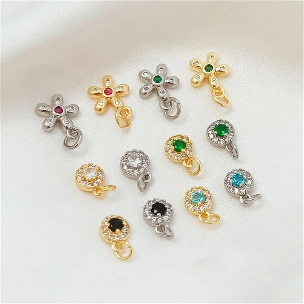 

18K Gold-plated White Zirconium-inlaid Five-leaf Flower Round Pendant, DIY Handmade Jewelry Accessory, Small Drip Slip