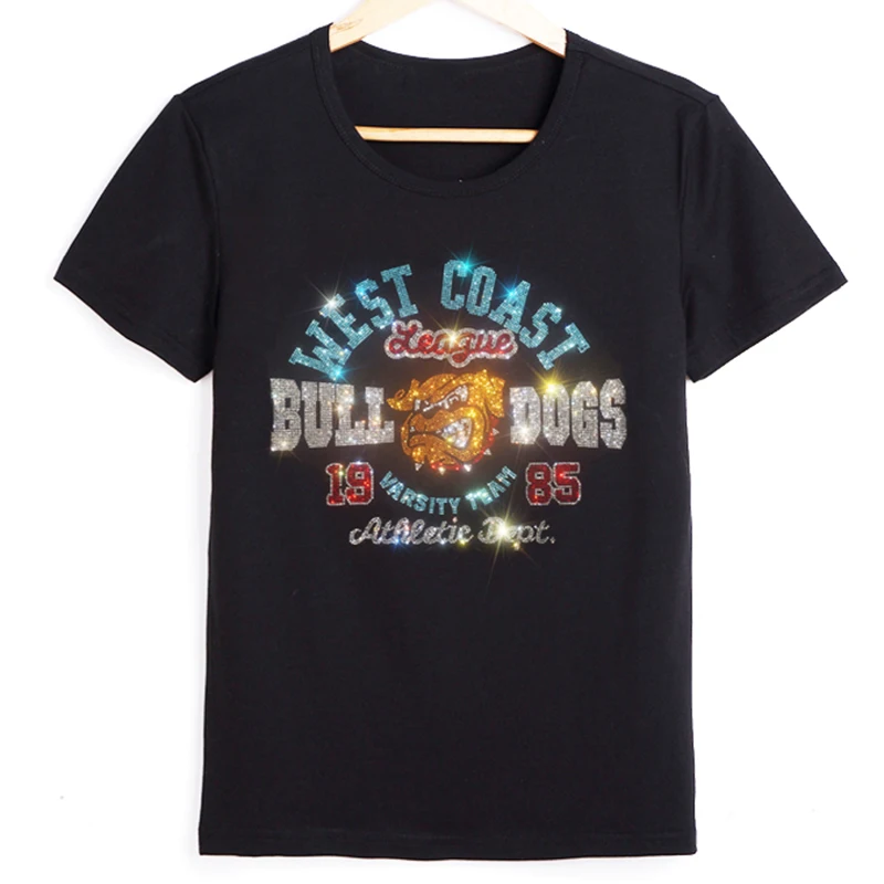 Summer Fashion Loose Style Crystal Dog T-Shirt Women Black Tees Personality Diamond Large Size Female Tops