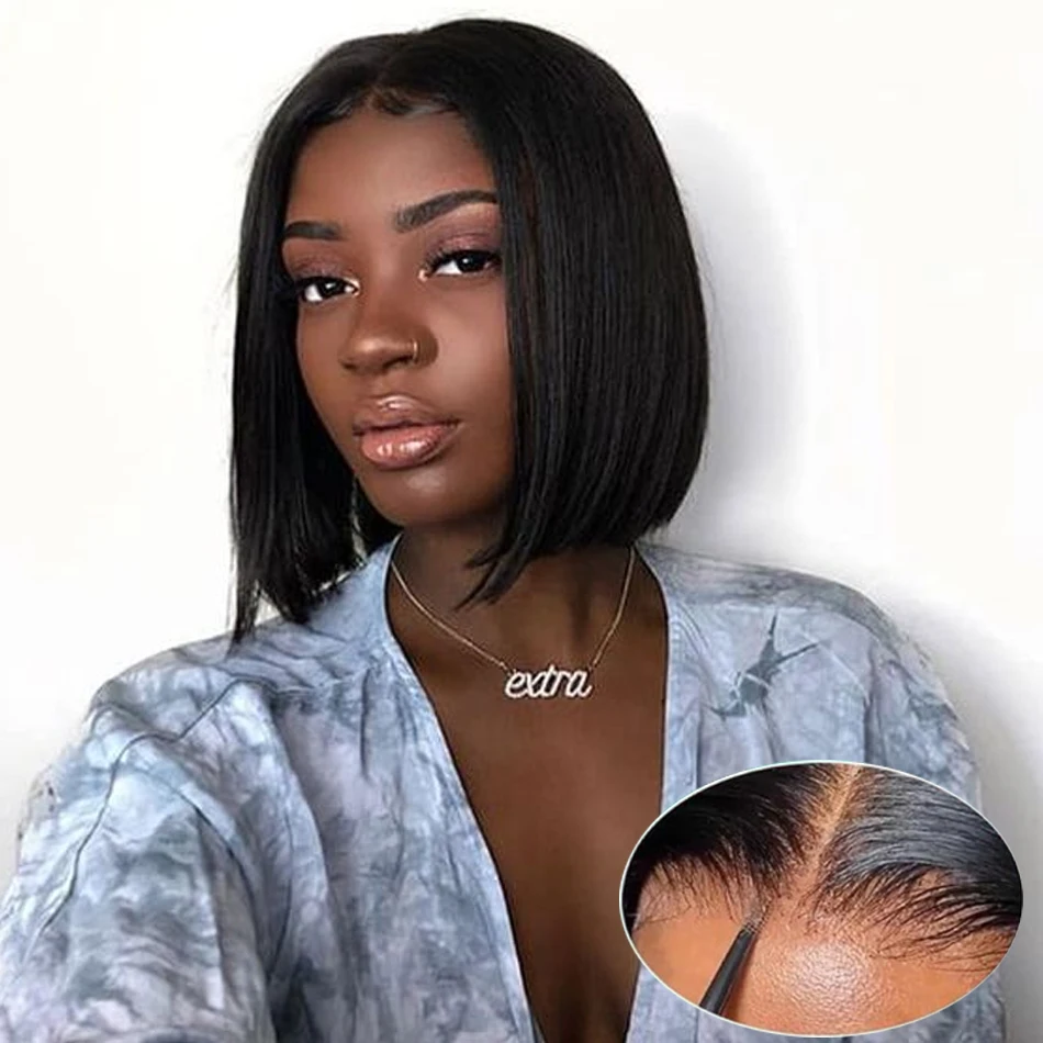 Glueless Short Bob Straight Human Hair Wigs 13x4 Transparent Lace Frontal Wig Pre Plucked 100% Human Hair Lace Closure Wig 180%