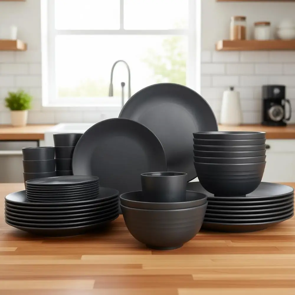

Набор небьющейся посуды из 40 предметов на 8 персон — пластиковые тарелки, миски и стаканы, пригодные для мытья в посудомоечной машине и использования в микроволновой печи, идеально подходят для кемпинга и
