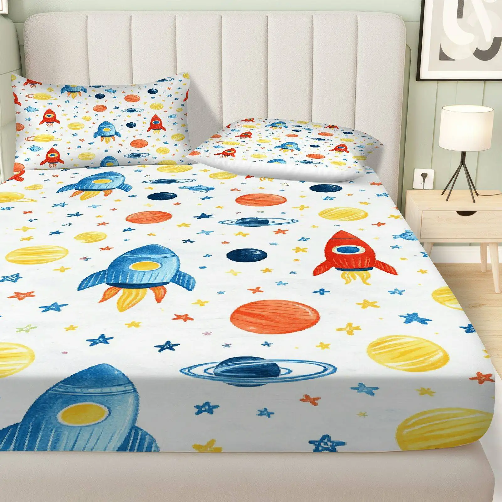 3-Piece Mattress Protector Set, 2D Flat Printed Fitted Sheet with Space Rocket and Planet Design, Space-Themed, Mattress Protector, Machine Washable, Home Bedroom Decoration, Holiday-Themed Fitted Sheet and Pillowcase, Mattress Protector, Stain-Resistant, Suitable for All Seasons, Easy to Care For, Universal for Home Bedroom, Essential for Dorms and Rentals, Master Bedroom and Guest Room Decoration, Dust-Proof and Stain-Resistant, High Elasticity, Fits Various Sizes