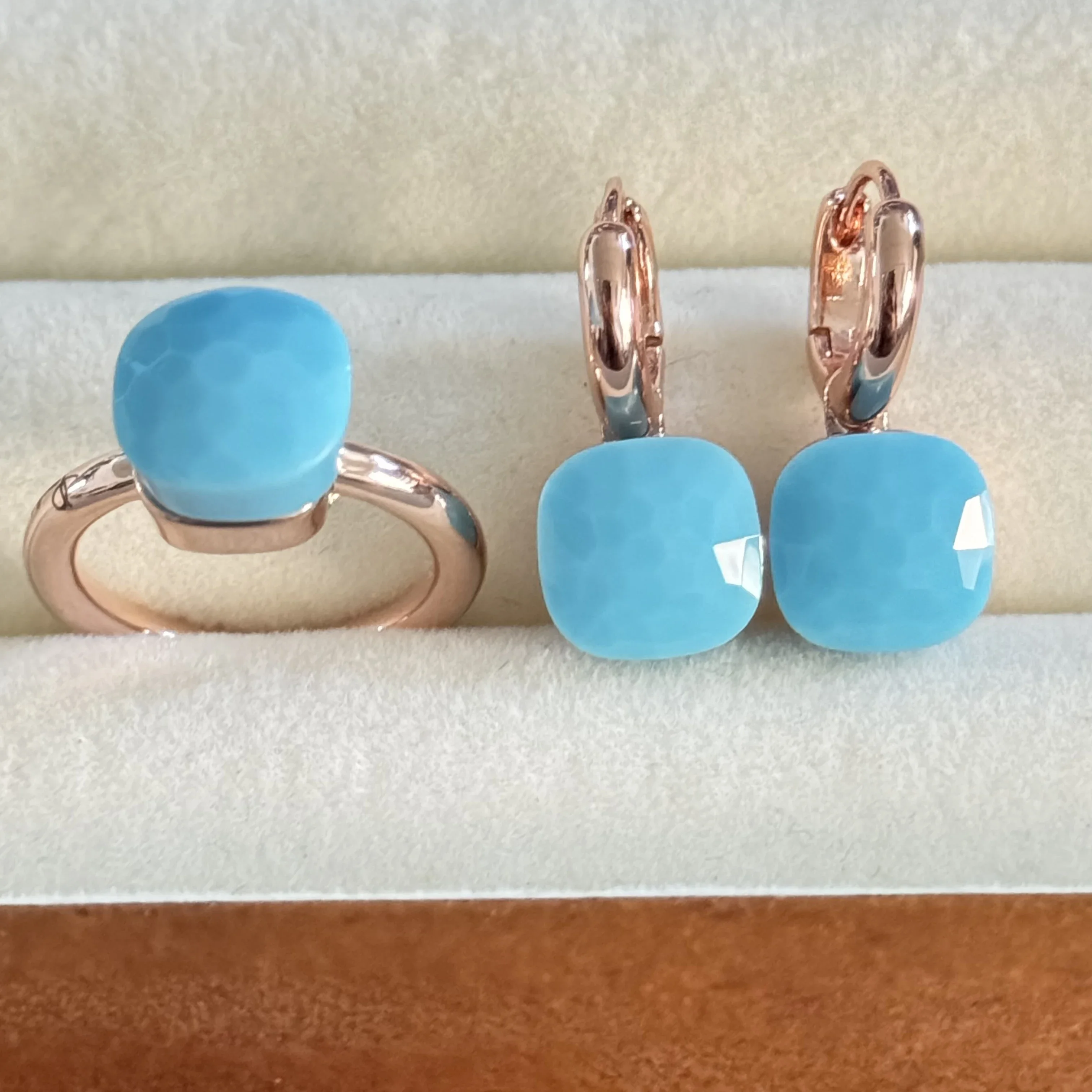 2 Pcs/set Women Rings Earrings London Blue Jewelry Set Inlaid Candy Crystal Classic Green Rose Gold Plated Fashion Jewelry Gift