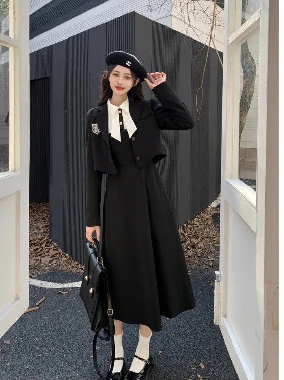 

Ele plus Size Women's Suit Jaet Long Sve Waist-Cinched Dr Korean Sle Commute Faion High Waist A-Line Skirt