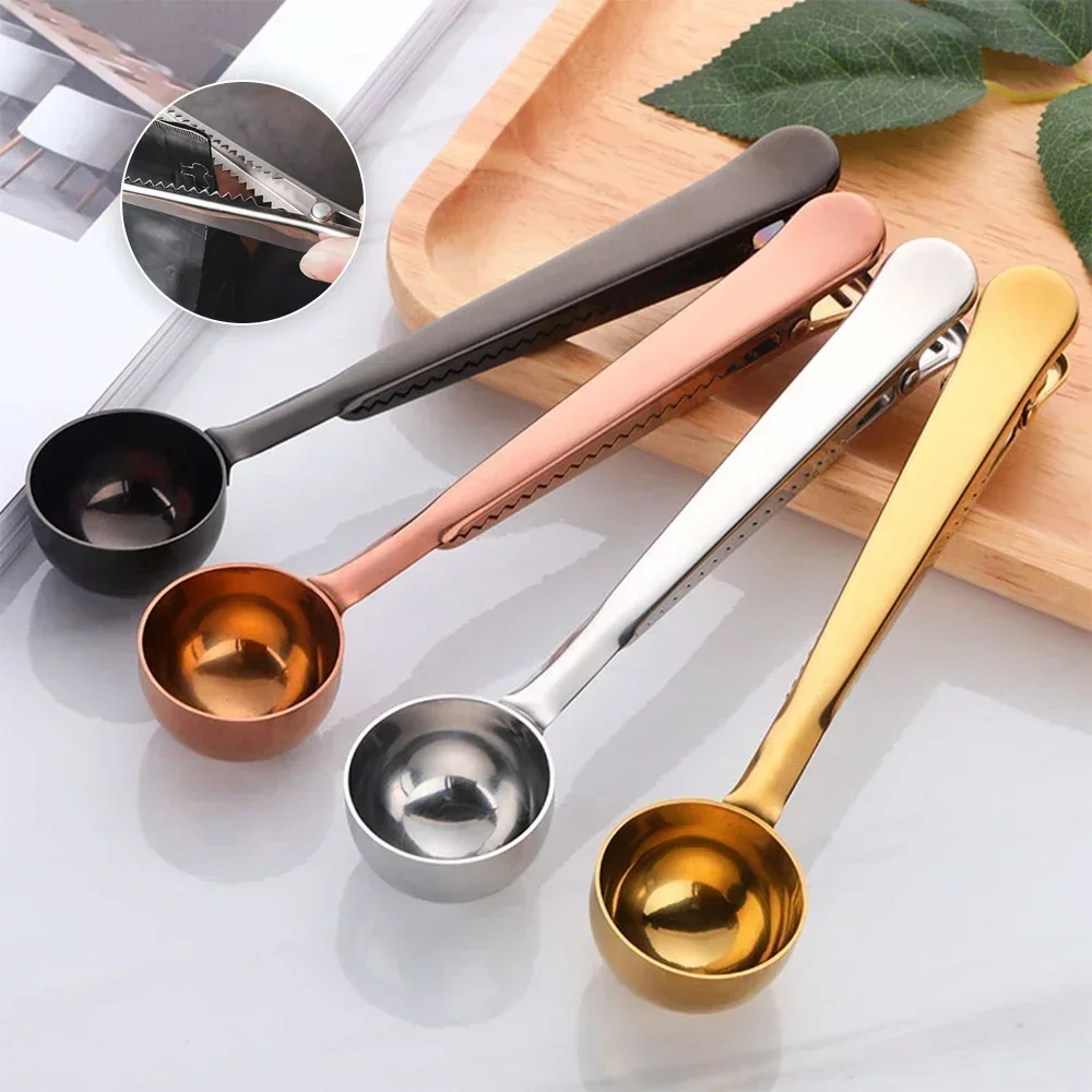 Two-in-one Multifunction Coffee Spoon Stainless Steel Kitchen Supplies Scoop With Bag Seal Clip Coffee Measuring Spoon