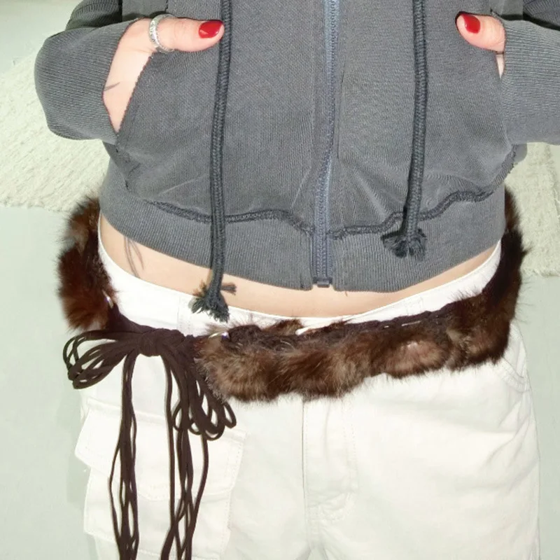 

Design Cute Vintage Fur Patchwork Tie Belts Waistcoat American Spice Girls Bow Decoration HipHop Waistband Jeans Pants Decor