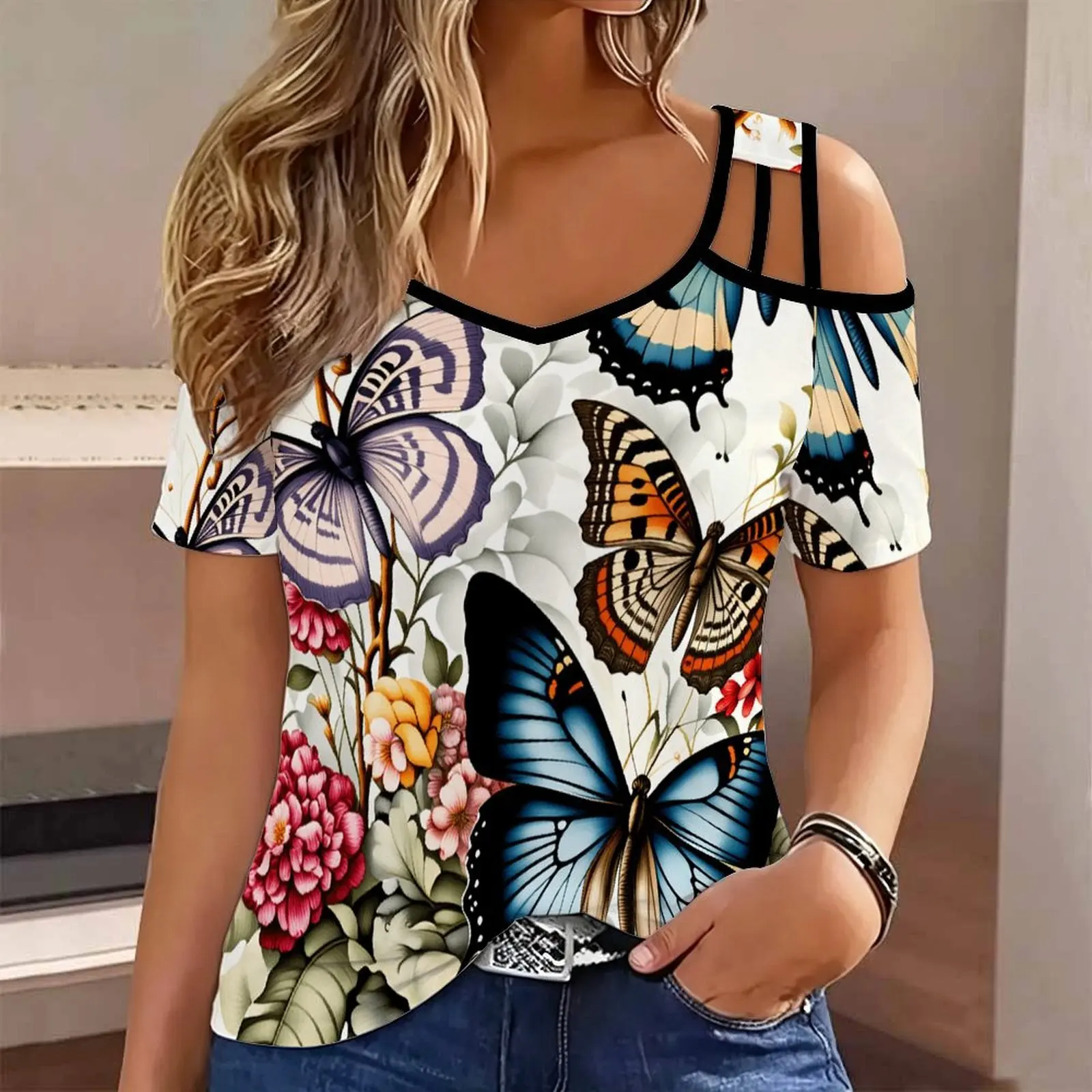 Plus Size Summer Female Fashion Slim V Neck Cold Shoulder Top Retro Elegance Print Women’s T Shirt Everyday Commuting Clothing