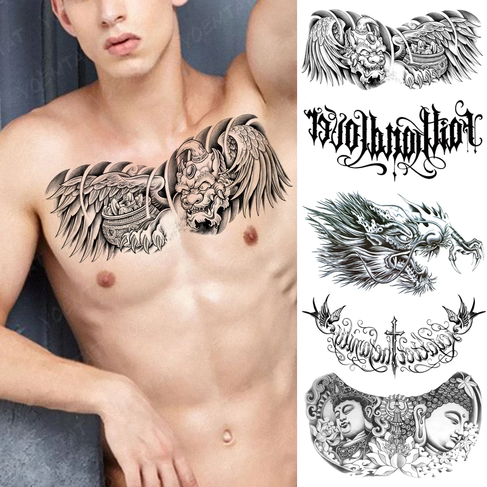 

Large Chest Tattoo For Men Chinese Beast Lion Dragon Waterproof Temporary Tattoo Sticker Waist Back Art Designs Women Fake Tatoo