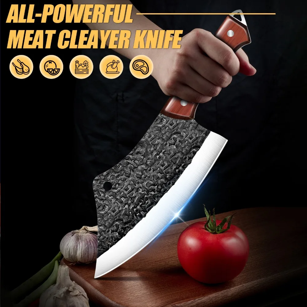 سكاكين الشيف المطروقة من MDHAND سكين المطبخ عالي الكربون من الفولاذ لتقطيع اللحوم والخضروات وتقطيع الساطور للمطبخ مع هدية #2