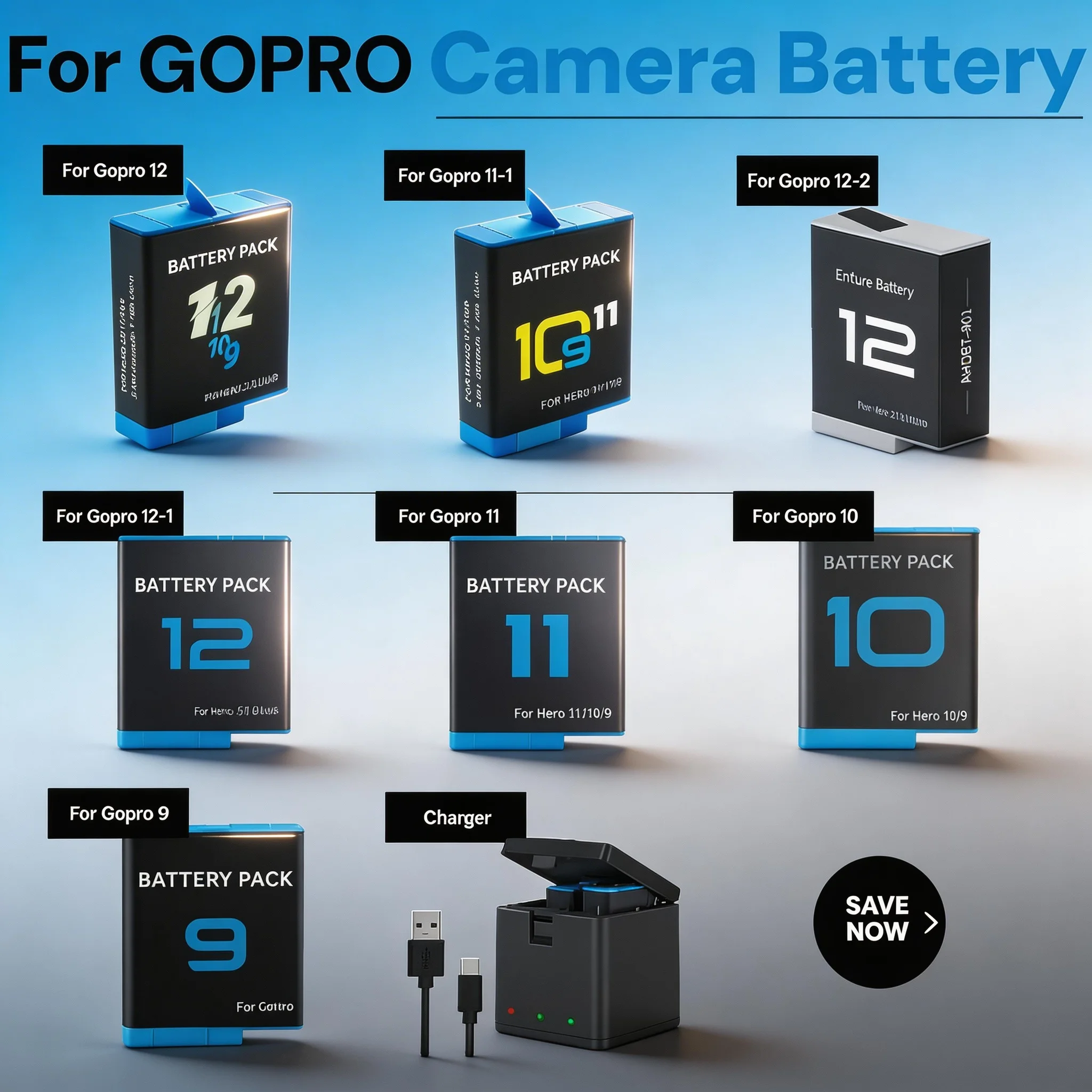 

2000mAh Li-ion Battery for GoPro Hero 12/11/10/9, Fast Charging Rechargeable Pack, High Capacity Action Camera Power Supply