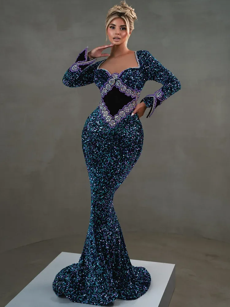 2024 New Women Celebrity Sexy Long Sleeve Diamonds Blue Sequins Maxi Long Gowns Dress Elegant Evening Party Club Vestido