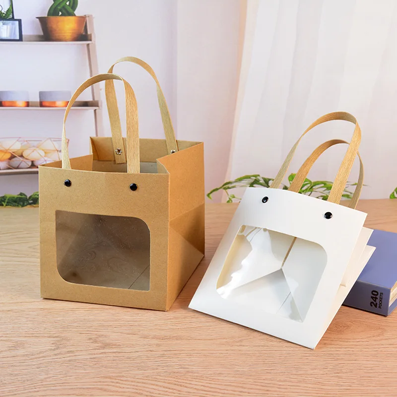 10Pcs Square Smile Gift Bags Kraft Paper Packaging Bags With Window Handle Birthday Party Wedding Gift Souvenirs Bag For Guest - view 3