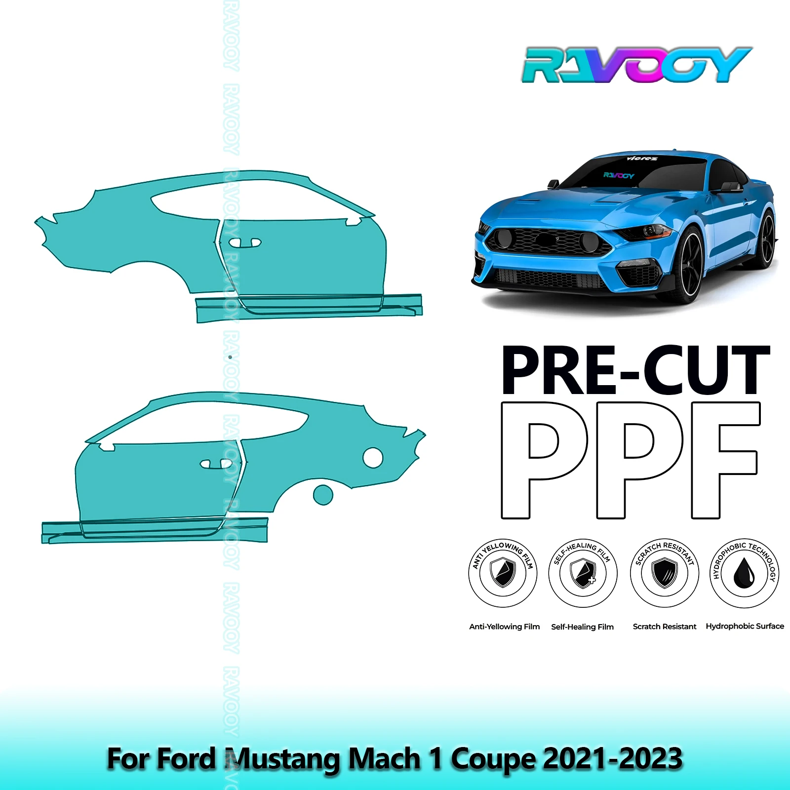 

For Ford Mustang Mach 1 Coupe 2021-2023 8.5mil Clear Matte Pre-Cut PPF Door & A/B Pillar Kit TPU Paint Protection Film Set