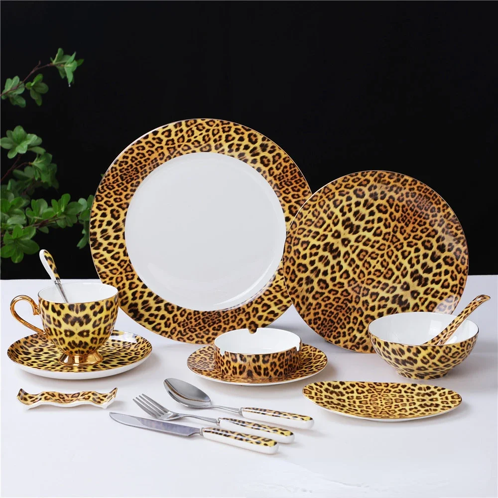 Leopard Pattern Bone China Coffee Tea Cup Hotel Clubhouse Restaurant Tableware Ceramic Knife Fork Spoon Western Food Plate Bowl