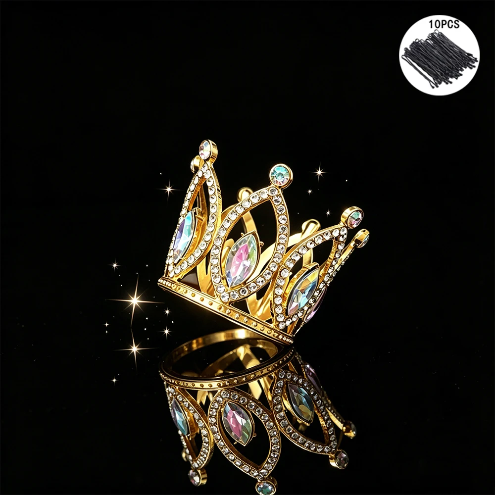 Fashion Baroque Full Round Crystal Crown Rhinestone Mini Tiara with 10Pcs Bobby Pins Elegant Royal Headpiece Cake Topper view 6