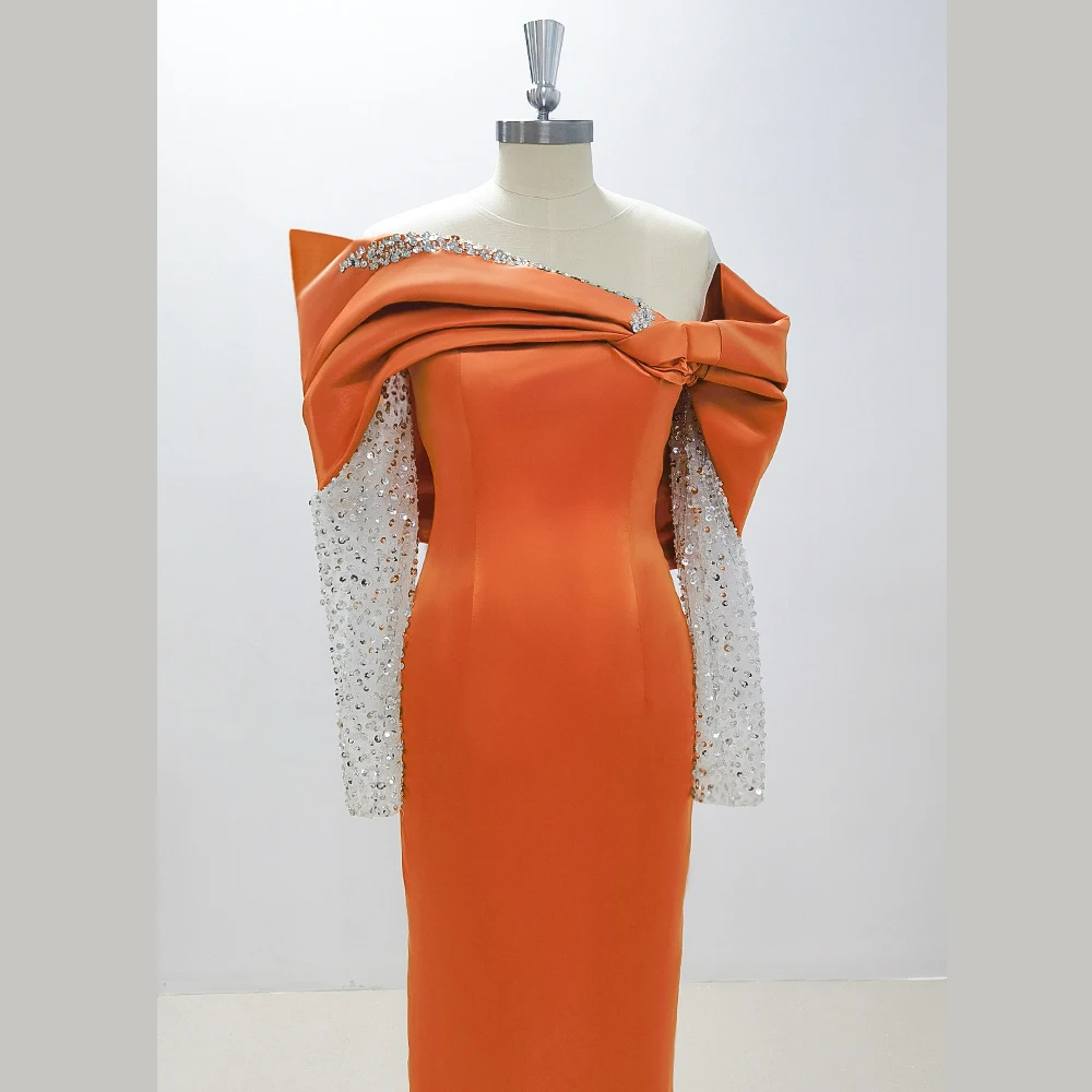 Vestido de noche naranja brillante de manga larga con cuentas para mujer, vestidos de fiesta de graduación de moda Simple, nuevo