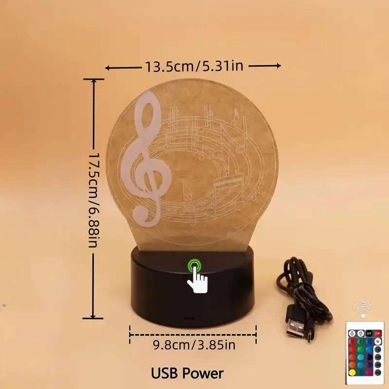 Nota Musical 3D Luz Noturna, Lâmpada De Ilusão Óptica, Controle De Toque, 7 Cores, Luz Atmosfera, Quarto, Cabeceira, Decoração Do Escritório