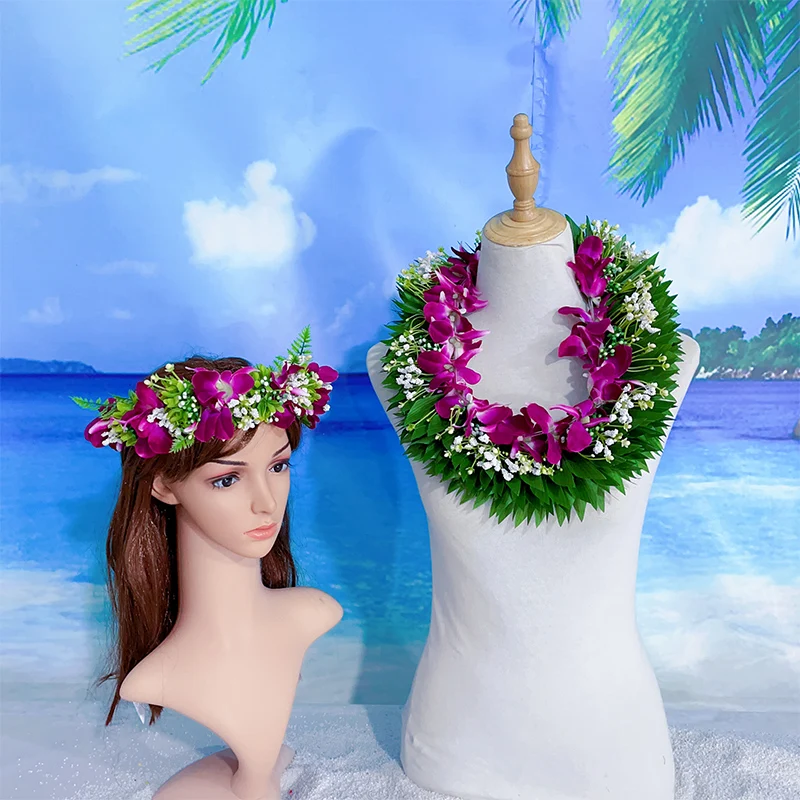 2024 New Arriaval Romantic Orchid With Ti Leaf Tongan Lei Luxury Flower Hawaii Leis Hula Dance Performance