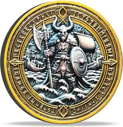 Viking Warrior and Mjölnir Challenge Coin - Intricate Norse Mythology Design with Runic Inscriptions 