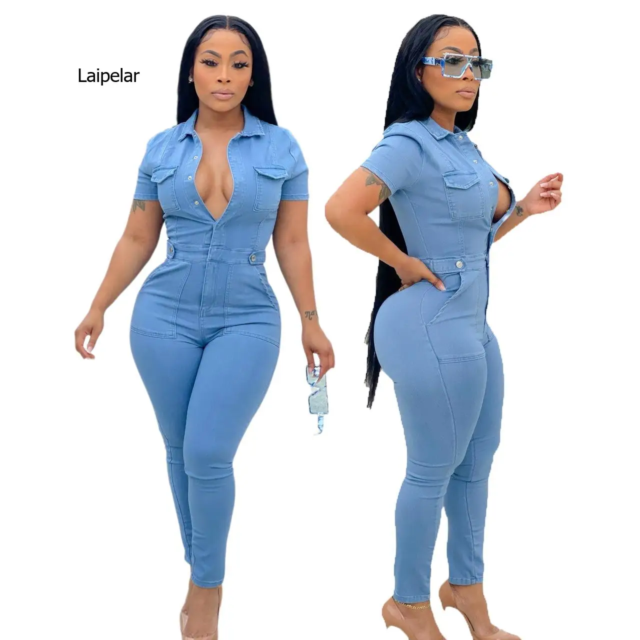 Women Short Sleeve Denim Active Romper Bodycon Elastic One Piece Overalls Outfits Sleeveless Jeans Playsuits