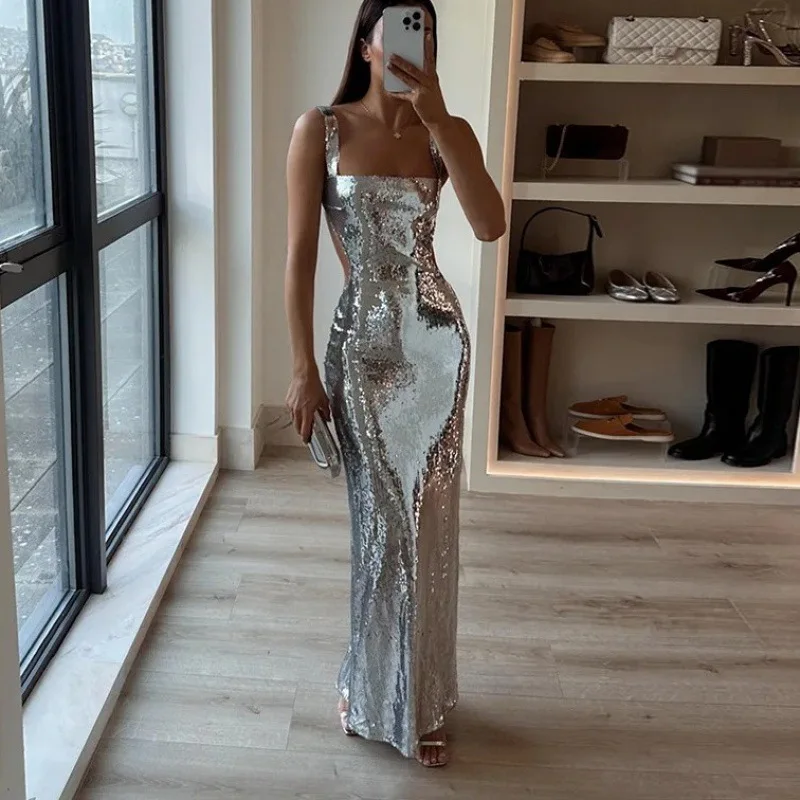

Women Fashion Sequins Slim Fit Suspenders Dress Elegant Sleeveless Solid Club Party Dress Sexy Backless High Waist Long Dresses