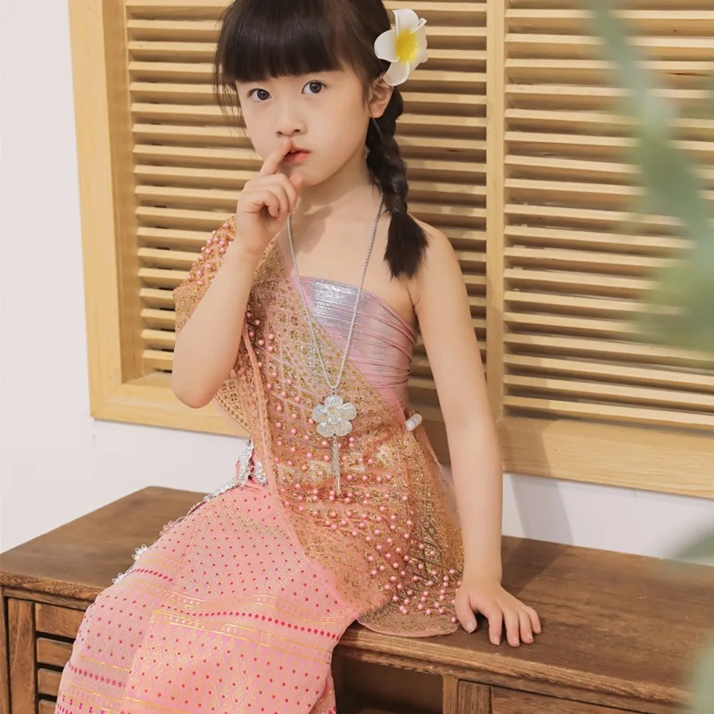 Thailand Style Dai Festival Costume Long Skirt Ethnic Thai Traditional Costume Waist Chain Necklace Thailand Suit Top Skirt